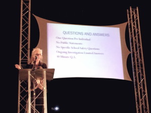 Mary K. Walton, assistant superintendent, addresses the audience at the community school safety forum held April 21, 2015 at Flagstaff High School. Photo by Frank X. Moraga / AmigosNAZ ©2015