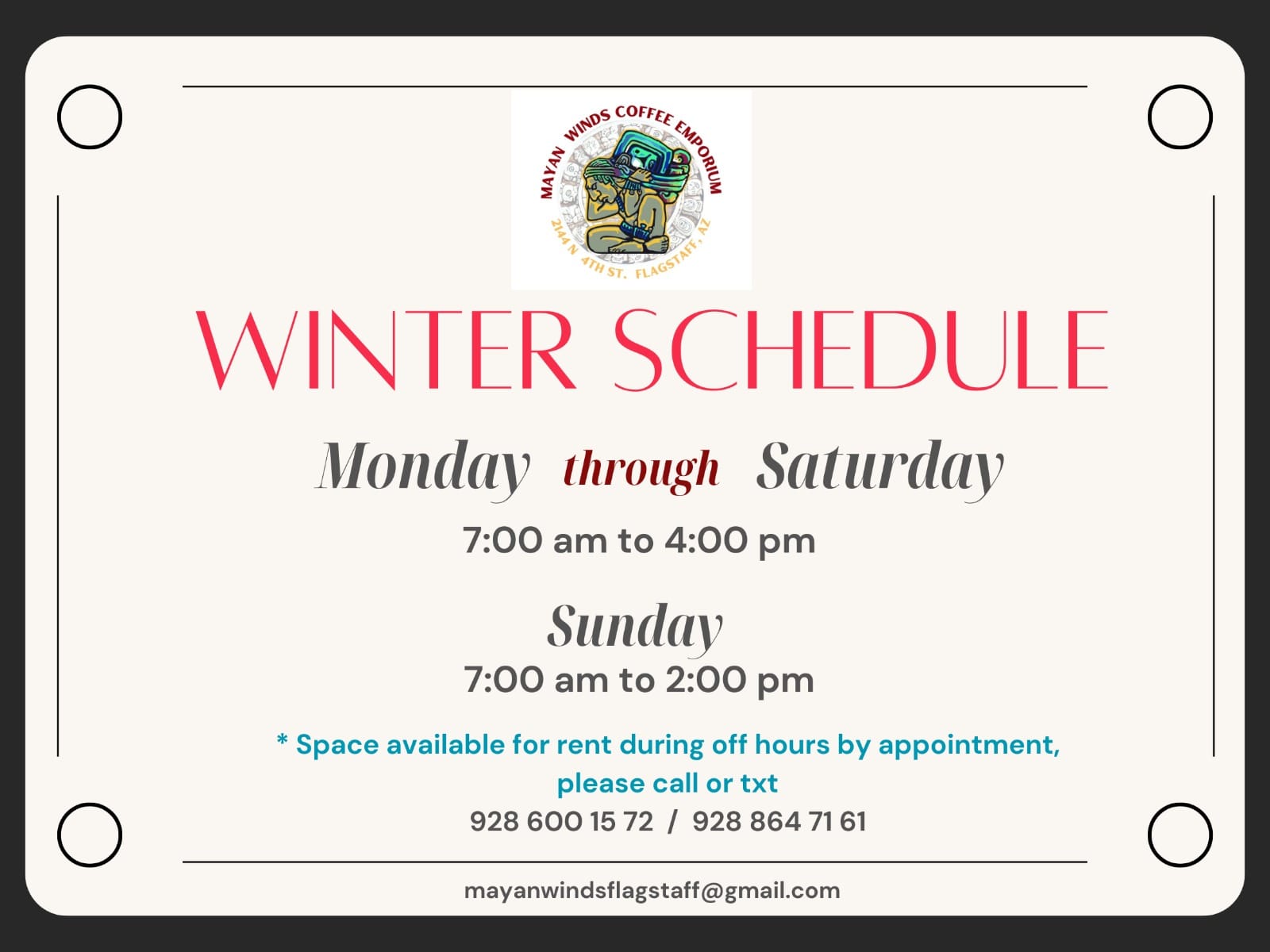 Mayan Winds Winter Schedule